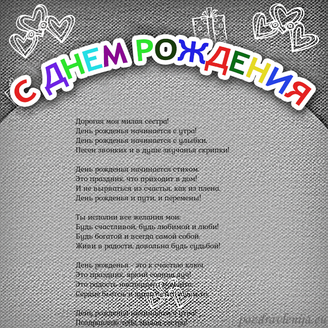 Открытка на день рождения с цветной надписью Дорогая моя милая сестра!
День рожденья начинается Открытка на день рождения с цветной надписью