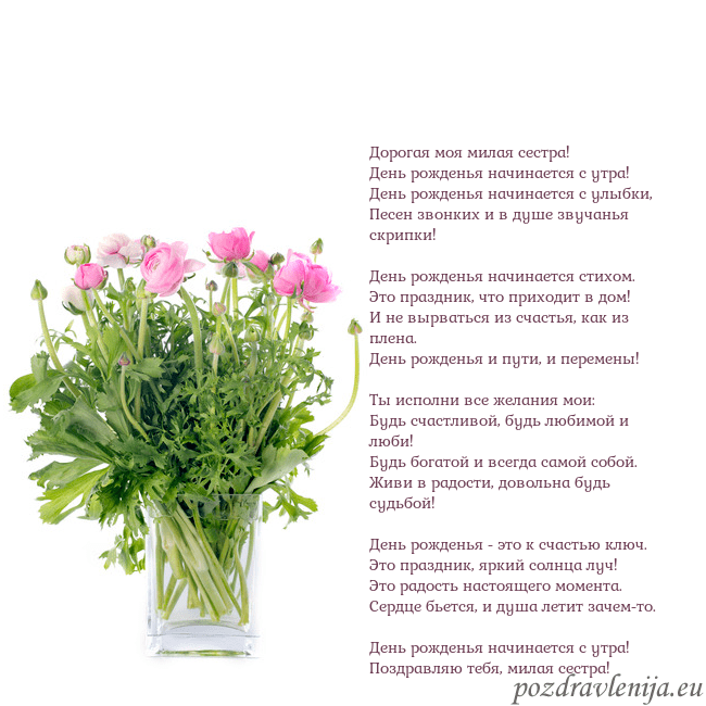 Открытка с цветами в вазе Дорогая моя милая сестра!
День рожденья начинается Открытка с цветами в вазе