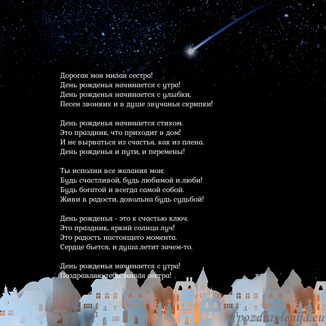 Открытка с кометой Дорогая моя милая сестра!
День рожденья начинается Открытка с кометой