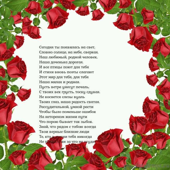 Открытка с красными розами Сегодня ты появилась на свет,
Словно солнце, на не Открытка с красными розами