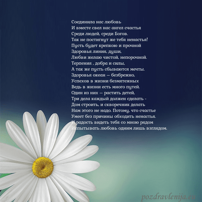 Открытка с большой ромашкой Соединила нас любовь
И вместе свел нас ангел счаст Открытка с большой ромашкой