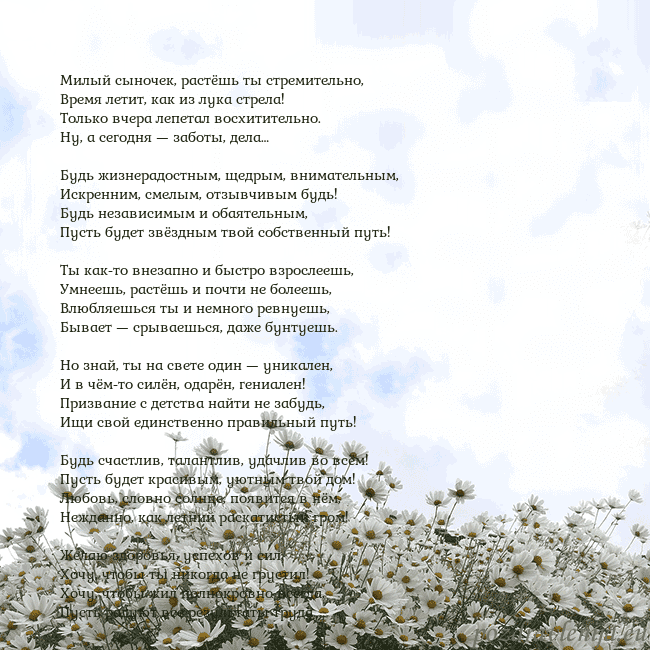 Открытка с ромашками Милый сыночек, растёшь ты стремительно,
Время лети Открытка с ромашками
