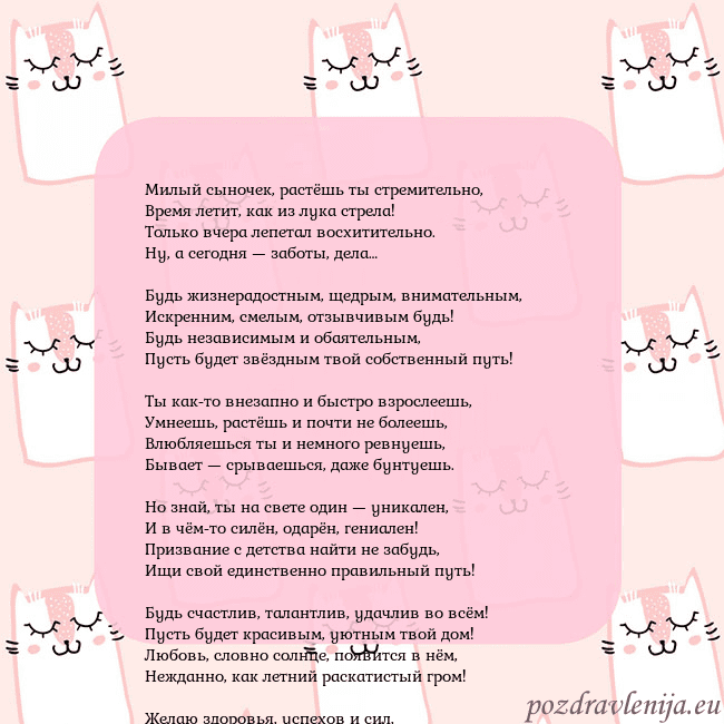 Розовая открытка с забавными кошками Милый сыночек, растёшь ты стремительно,
Время лети Розовая открытка с забавными кошками
