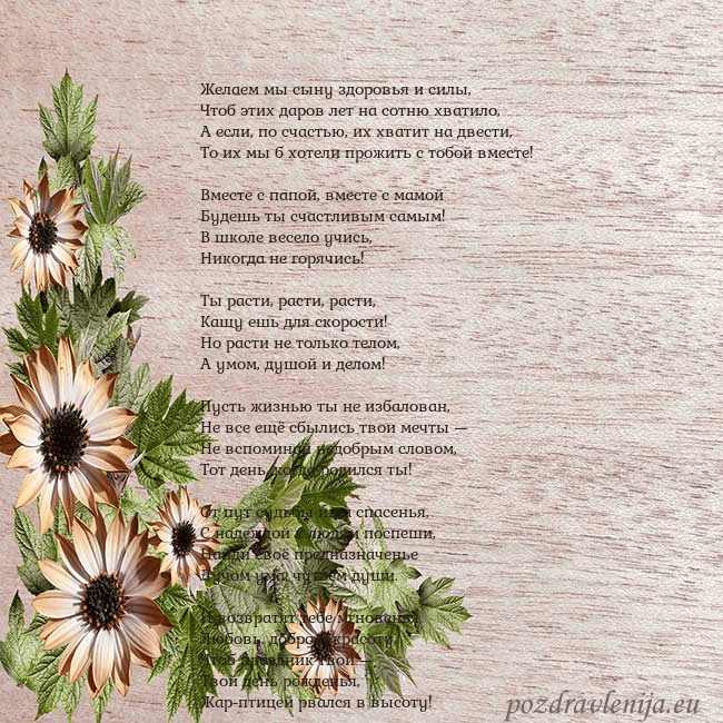 Уютная открытка с цветами Желаем мы сыну здоровья и силы,
Чтоб этих даров ле Уютная открытка с цветами