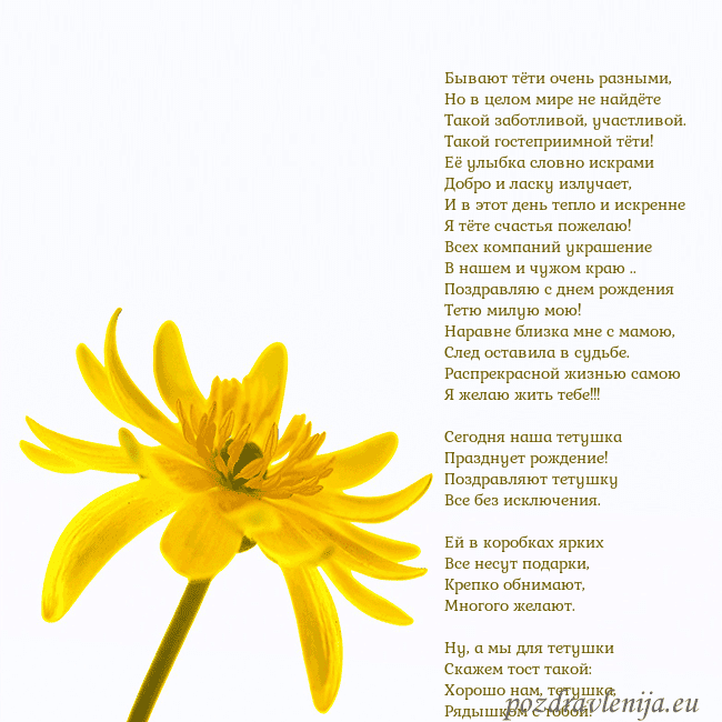 Открытка с желтым цветком Бывают тёти очень разными,
Но в целом мире не найд Открытка с желтым цветком