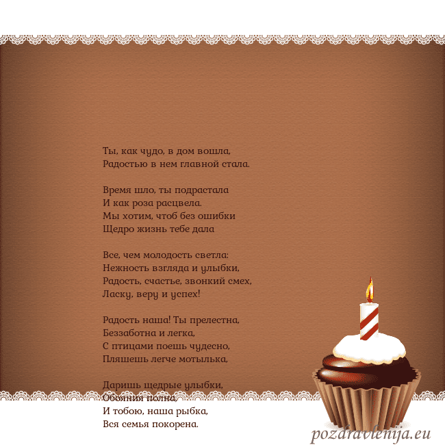 Открытка на день рождения с кексом и свечкой Ты, как чудо, в дом вошла,
Радостью в нем главной Открытка на день рождения с кексом и свечкой