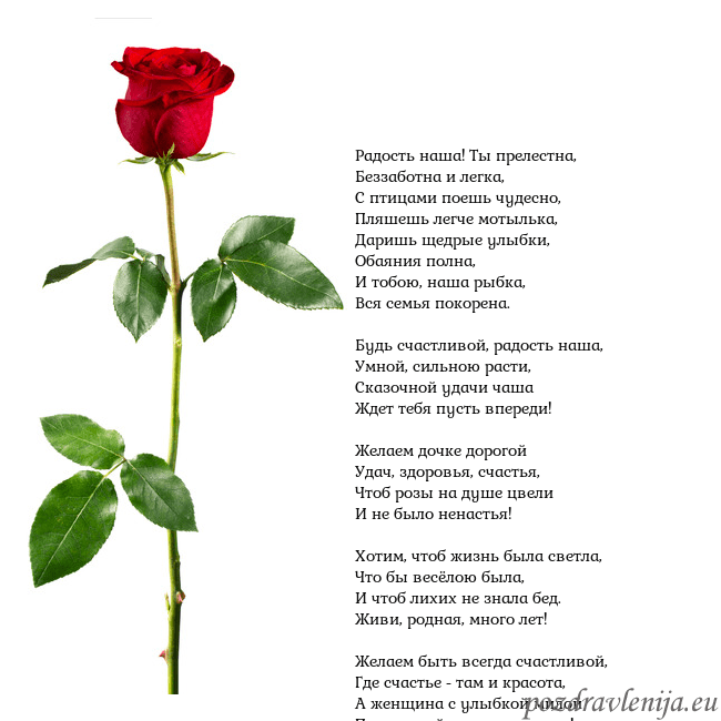 Открытка с красной розой Радость наша! Ты прелестна,
Беззаботна и легка,
С Открытка с красной розой