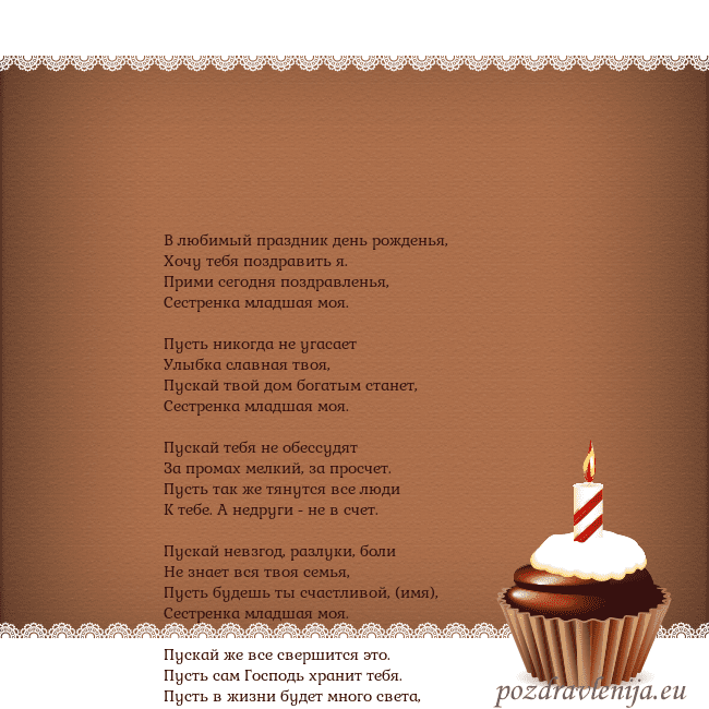 Открытка на день рождения с кексом и свечкой В любимый праздник день рожденья,
Хочу тебя поздра Открытка на день рождения с кексом и свечкой