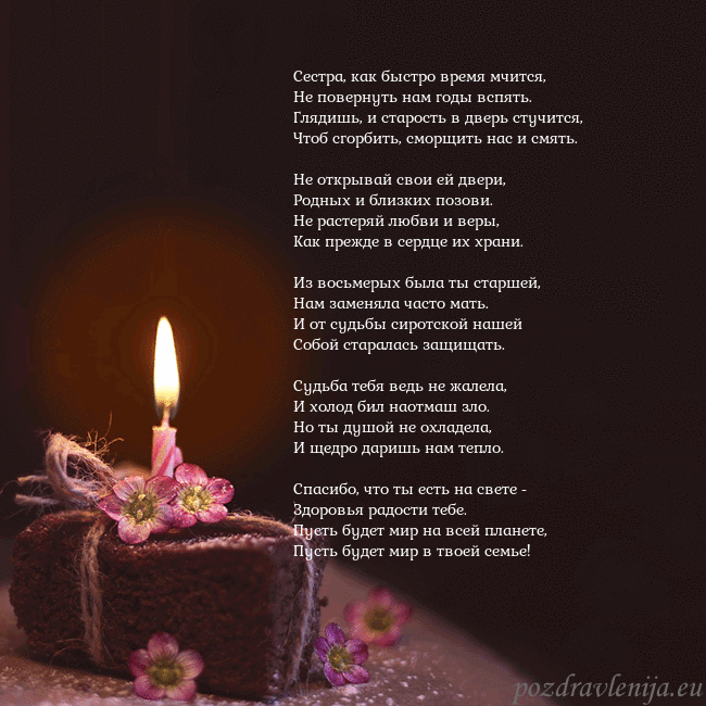 Анимированная открытка - торт с горящей свечкой Сестра, как быстро время мчится,
Не повернуть нам Анимированная открытка - торт с горящей свечкой