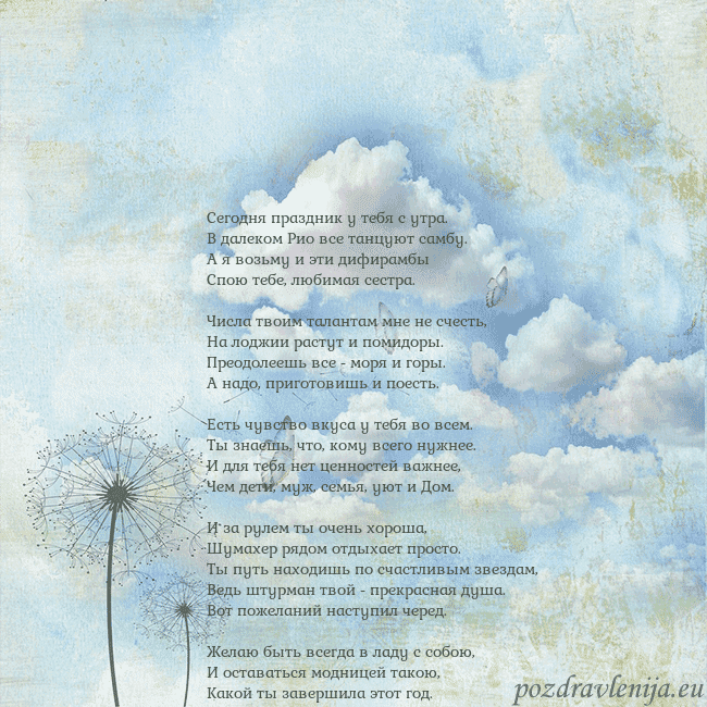 Открытка с облаками, пухом одуванчика и бабочкой Сегодня праздник у тебя с утра.
В далеком Рио все Открытка с облаками, пухом одуванчика и бабочкой