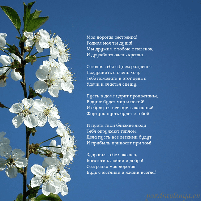 Открытка с весенними цветами Моя дорогая сестренка!
Родная моя ты душа!
Мы друж Открытка с весенними цветами