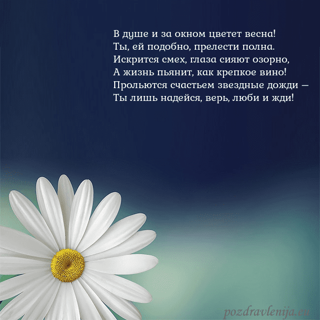 Открытка с большой ромашкой В душе и за окном цветет весна!
Ты, ей подобно, пр Открытка с большой ромашкой