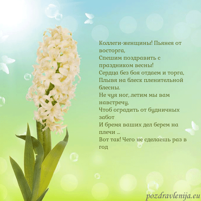 Открытка с гиацинтом Коллеги-женщины! Пьянея от восторга,
Спешим поздра Открытка с гиацинтом