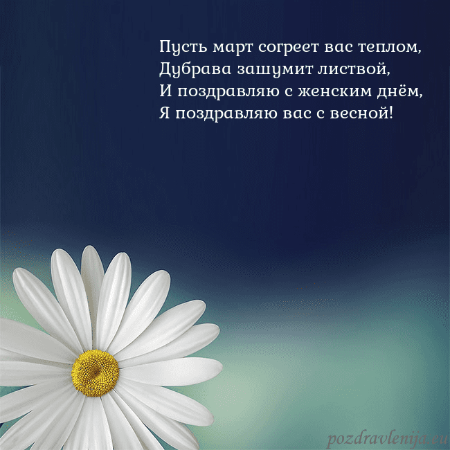 Открытка с большой ромашкой Пусть март согреет вас теплом,
Дубрава зашумит лис Открытка с большой ромашкой