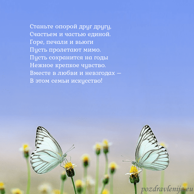 Свадебная открытка с двумя бабочками Станьте опорой друг другу,
Счастьем и частью едино Свадебная открытка с двумя бабочками
