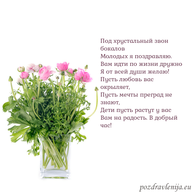 Открытка с цветами в вазе Под хрустальный звон бокалов
Молодых я поздравляю. Открытка с цветами в вазе