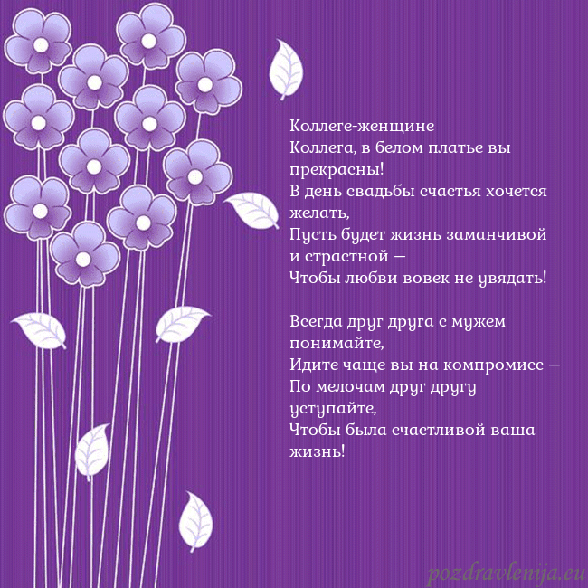 Открытка с фиолетовыми цветами Коллеге-женщине
Коллега, в белом платье вы прекрас Открытка с фиолетовыми цветами
