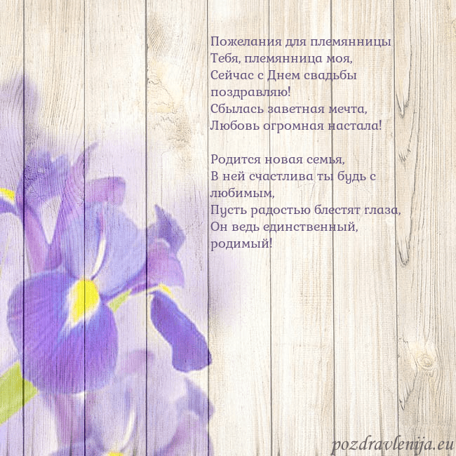 Открытка с ирисами Пожелания для племянницы
Тебя, племянница моя,
Се Открытка с ирисами