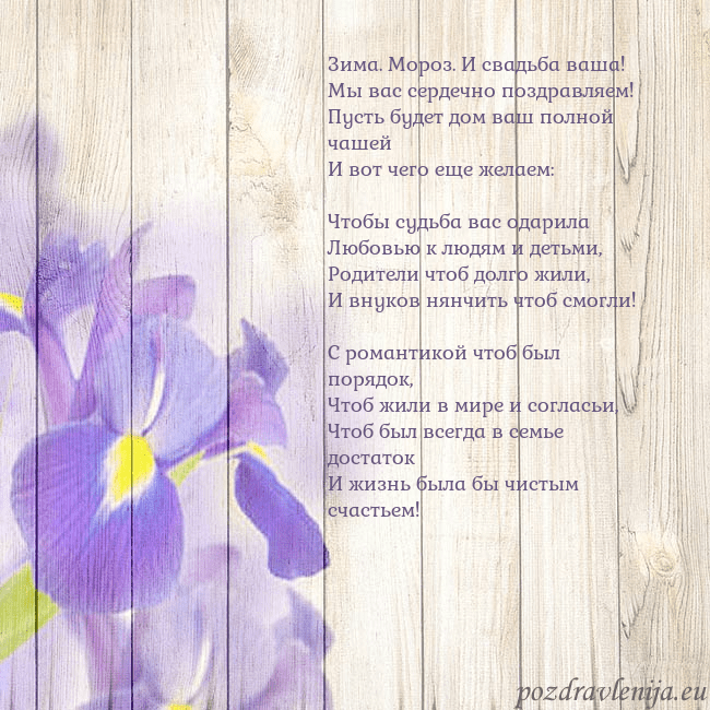 Открытка с ирисами Зима. Мороз. И свадьба ваша!
Мы вас сердечно поздр Открытка с ирисами