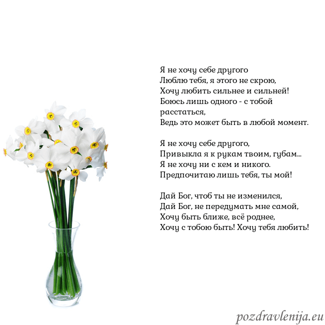 Открытка с нарциссами Я не хочу себе другого
Люблю тебя, я этого не скро Открытка с нарциссами
