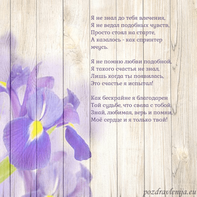 Открытка с ирисами Я не знал до тебя влечения,
Я не ведал подобных чу Открытка с ирисами