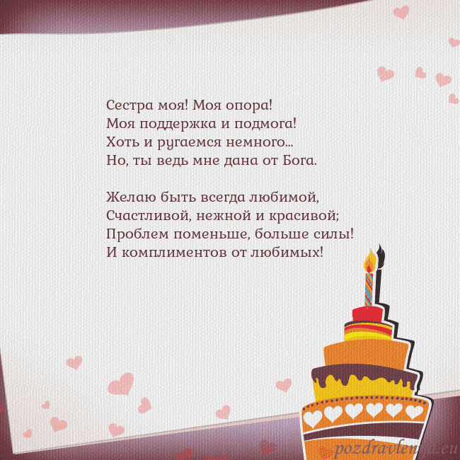 Открытка на день рождения с тортом и сердечками