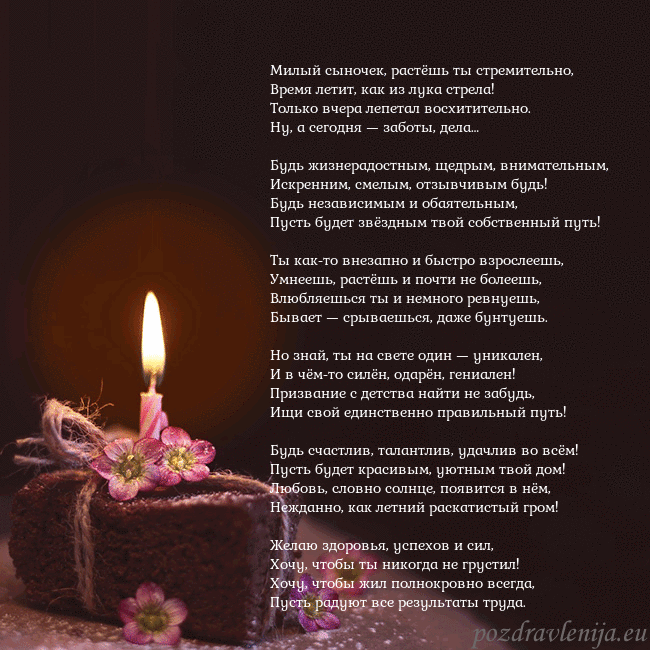 Анимированная открытка - торт с горящей свечкой Милый сыночек, растёшь ты стремительно,
Время лети Анимированная открытка - торт с горящей свечкой