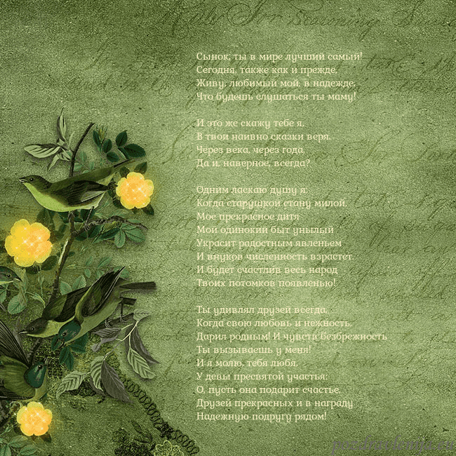 Зеленая открытка с желтыми цветами Сынок, ты в мире лучший самый!
Сегодня, также как Зеленая открытка с желтыми цветами