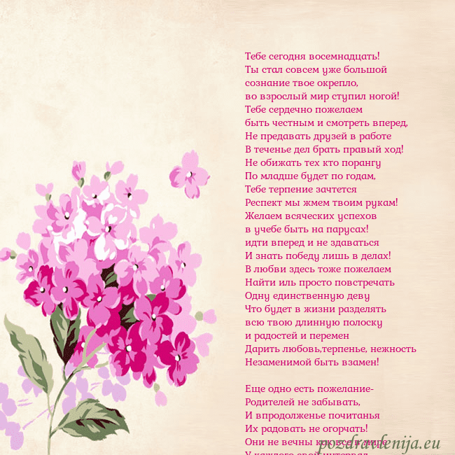 Открытка с гортензией Тебе сегодня восемнадцать!
Ты стал совсем уже боль Открытка с гортензией