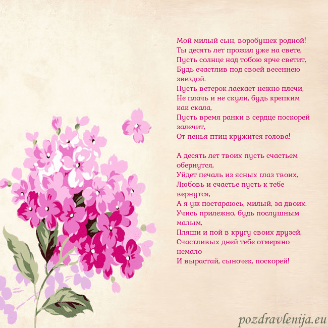 Открытка с гортензией Мой милый сын, воробушек родной!
Ты десять лет про Открытка с гортензией