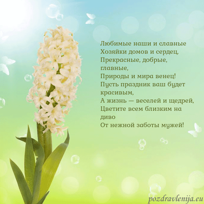 Открытка с гиацинтом Любимые наши и славные
Хозяйки домов и сердец,
Пре Открытка с гиацинтом