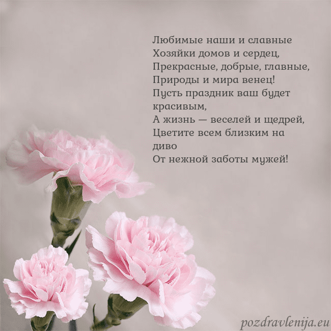 Открытка с розовыми гвоздиками Любимые наши и славные
Хозяйки домов и сердец,
Пре Открытка с розовыми гвоздиками