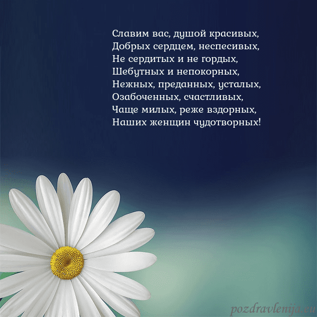 Открытка с большой ромашкой Славим вас, душой красивых,
Добрых сердцем, неспес Открытка с большой ромашкой