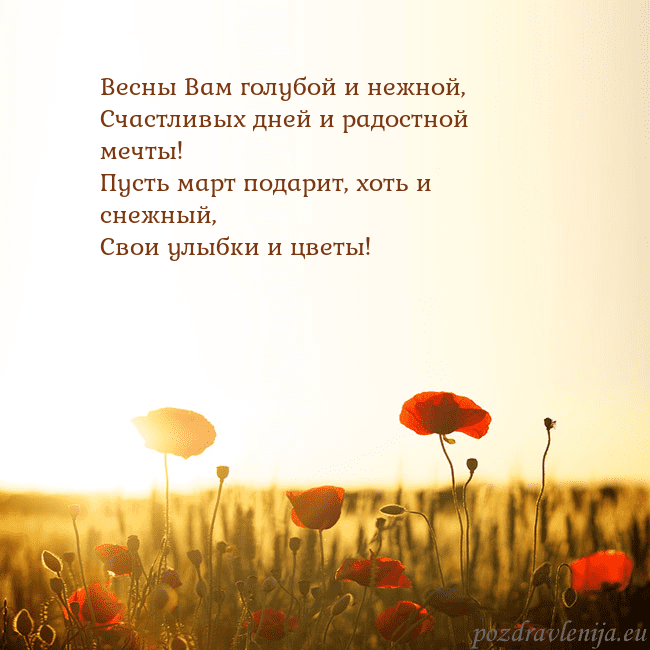 Электронная открытка с полем маков Весны Вам голубой и нежной,
Счастливых дней и радо Электронная открытка с полем маков