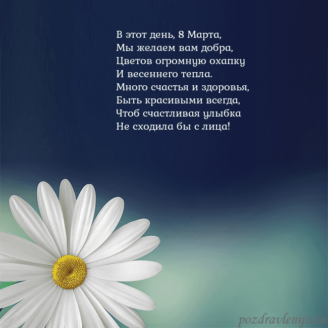 Открытка с большой ромашкой В этот день, 8 Марта,
Мы желаем вам добра,
Цветов Открытка с большой ромашкой
