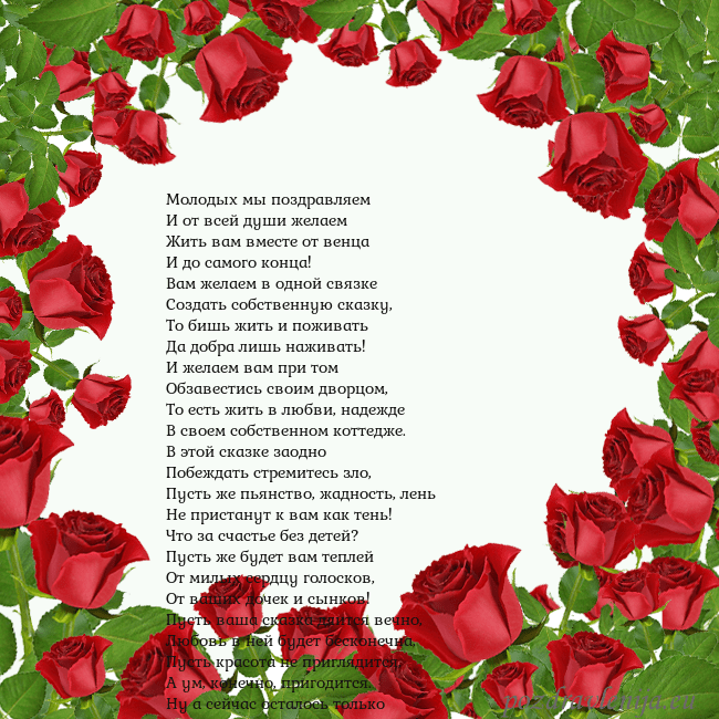 Открытка с красными розами Молодых мы поздравляем
И от всей души желаем
Жить Открытка с красными розами