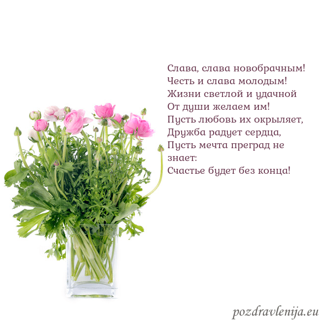 Открытка с цветами в вазе Слава, слава новобрачным!
Честь и слава молодым!
Ж Открытка с цветами в вазе