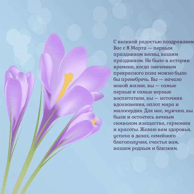 Открытка с крокусом С великой радостью поздравляем Вас с 8 Марта — пер Открытка с крокусом