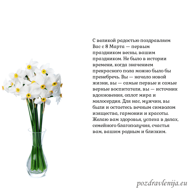 Открытка с нарциссами С великой радостью поздравляем Вас с 8 Марта — пер Открытка с нарциссами