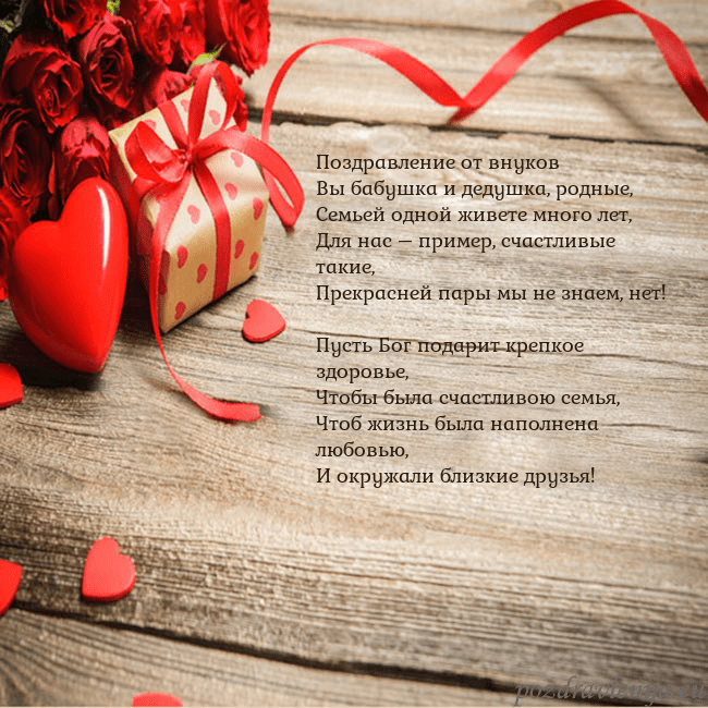 Открытка с красным сердцем и подарком Поздравление от внуков
Вы бабушка и дедушка, родны Открытка с красным сердцем и подарком