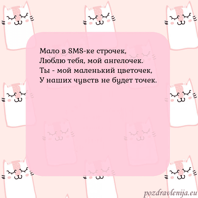 Розовая открытка с забавными кошками Мало в SMS-ке строчек,
Люблю тебя, мой ангелочек.
Розовая открытка с забавными кошками